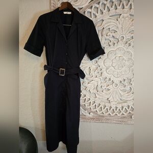 Mango Women’s Shirt Belted Button Up Navy Blue Midi Dress 8
